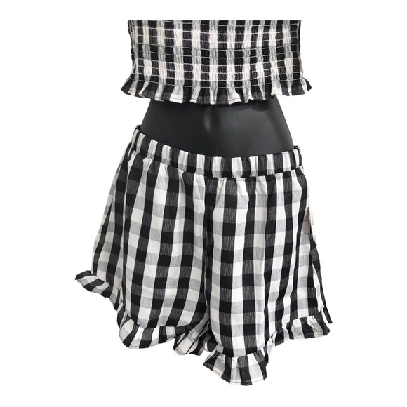 2pc black white checkered gingham ruffle hem smocked top printed shorts set sz S - Picture 7 of 12